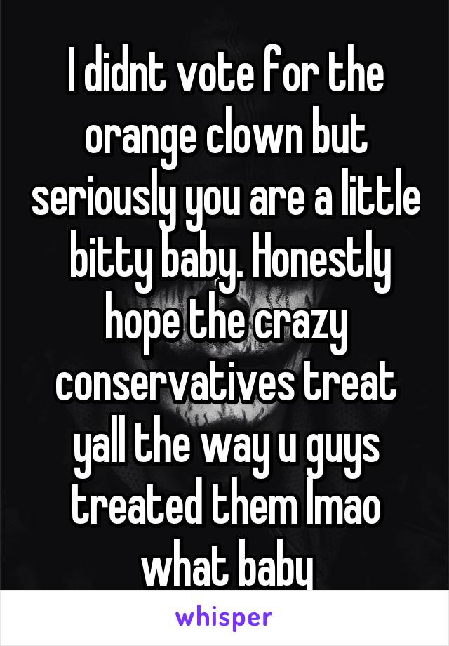 I didnt vote for the orange clown but seriously you are a little  bitty baby. Honestly hope the crazy conservatives treat yall the way u guys treated them lmao what baby