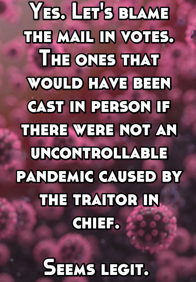 Yes. Let's blame the mail in votes. The ones that would have been cast in person if there were not an uncontrollable pandemic caused by the traitor in chief. 

Seems legit. 