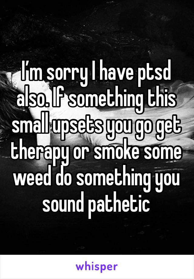 I’m sorry I have ptsd also. If something this small upsets you go get therapy or smoke some weed do something you sound pathetic 