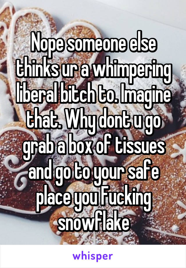 Nope someone else thinks ur a whimpering liberal bitch to. Imagine that. Why dont u go grab a box of tissues and go to your safe place you Fucking snowflake