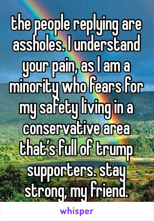 the people replying are assholes. I understand your pain, as I am a minority who fears for my safety living in a conservative area that’s full of trump supporters. stay strong, my friend. 