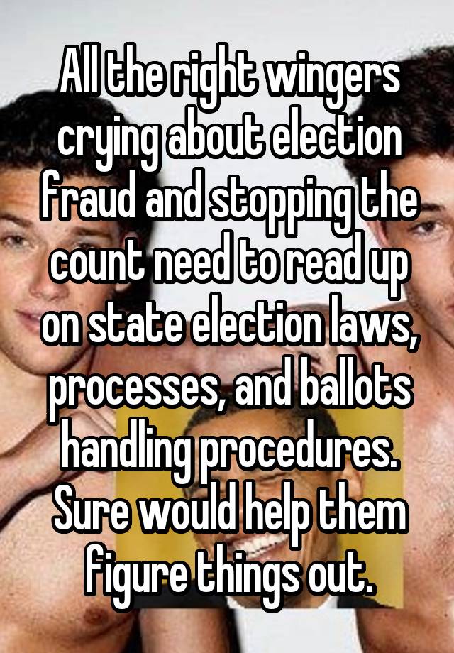 All the right wingers crying about election fraud and stopping the count need to read up on state election laws, processes, and ballots handling procedures. Sure would help them figure things out.