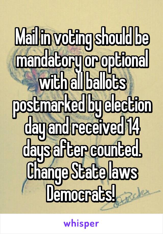 Mail in voting should be mandatory or optional with all ballots postmarked by election day and received 14 days after counted. Change State laws Democrats! 