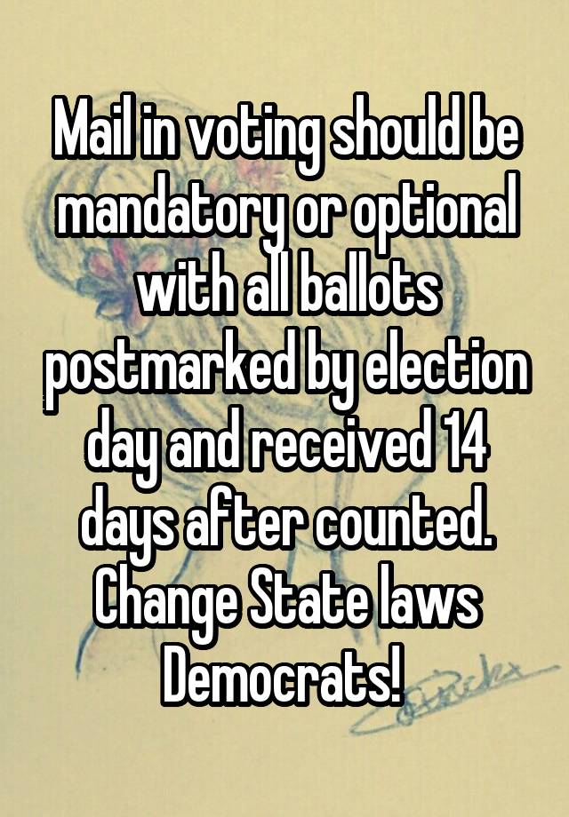 Mail in voting should be mandatory or optional with all ballots postmarked by election day and received 14 days after counted. Change State laws Democrats! 