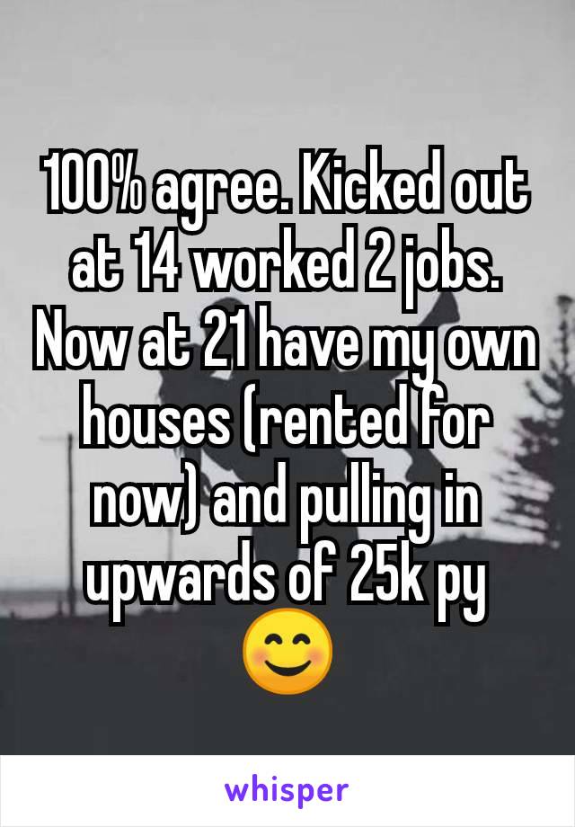 100% agree. Kicked out at 14 worked 2 jobs. Now at 21 have my own houses (rented for now) and pulling in upwards of 25k py 😊