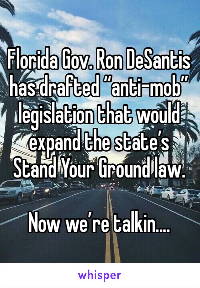 Florida Gov. Ron DeSantis has drafted “anti-mob” legislation that would expand the state’s Stand Your Ground law. 

Now we’re talkin....