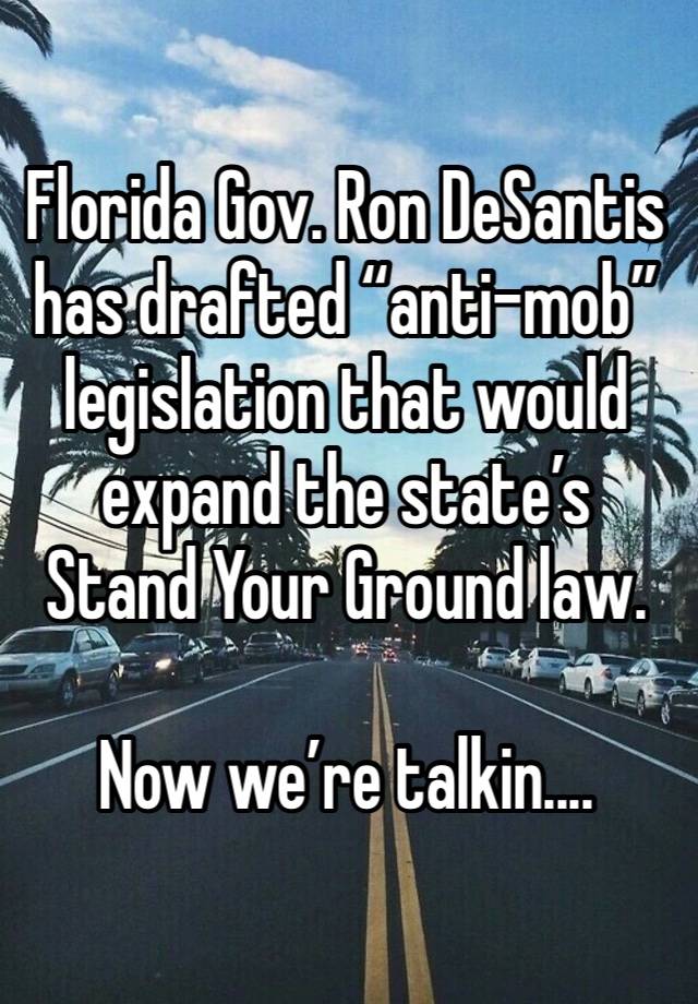 Florida Gov. Ron DeSantis has drafted “anti-mob” legislation that would expand the state’s Stand Your Ground law. 

Now we’re talkin....