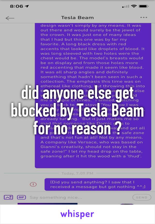 did anyone else get blocked by Tesla Beam for no reason ?