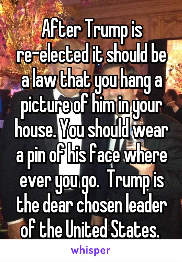 After Trump is re-elected it should be a law that you hang a picture of him in your house. You should wear a pin of his face where ever you go.  Trump is the dear chosen leader of the United States. 