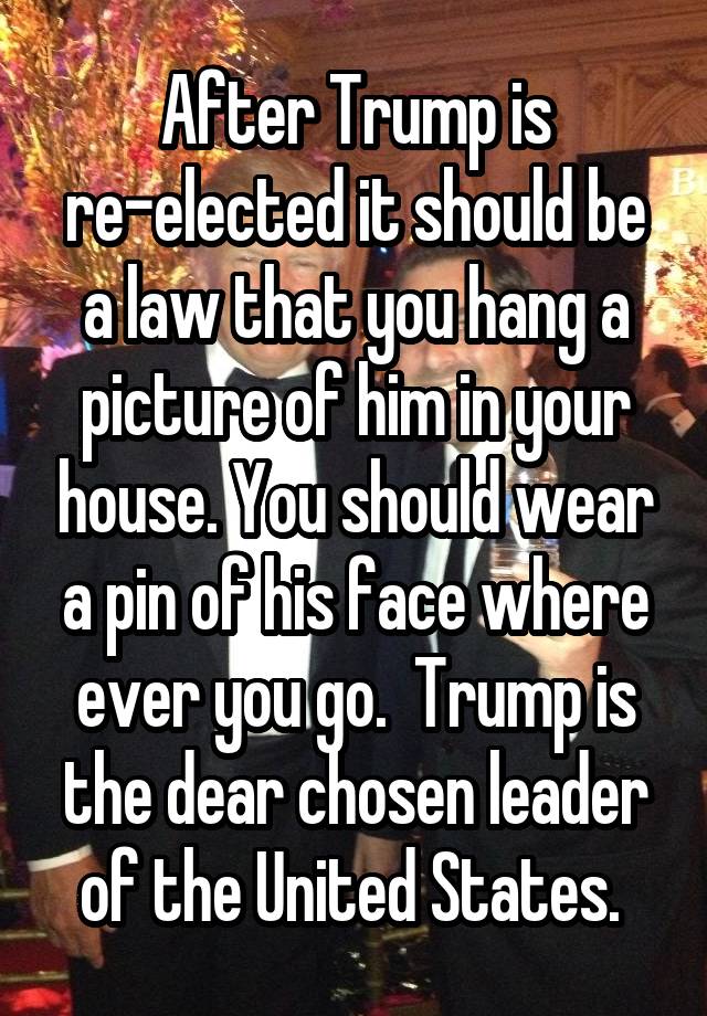 After Trump is re-elected it should be a law that you hang a picture of him in your house. You should wear a pin of his face where ever you go.  Trump is the dear chosen leader of the United States. 