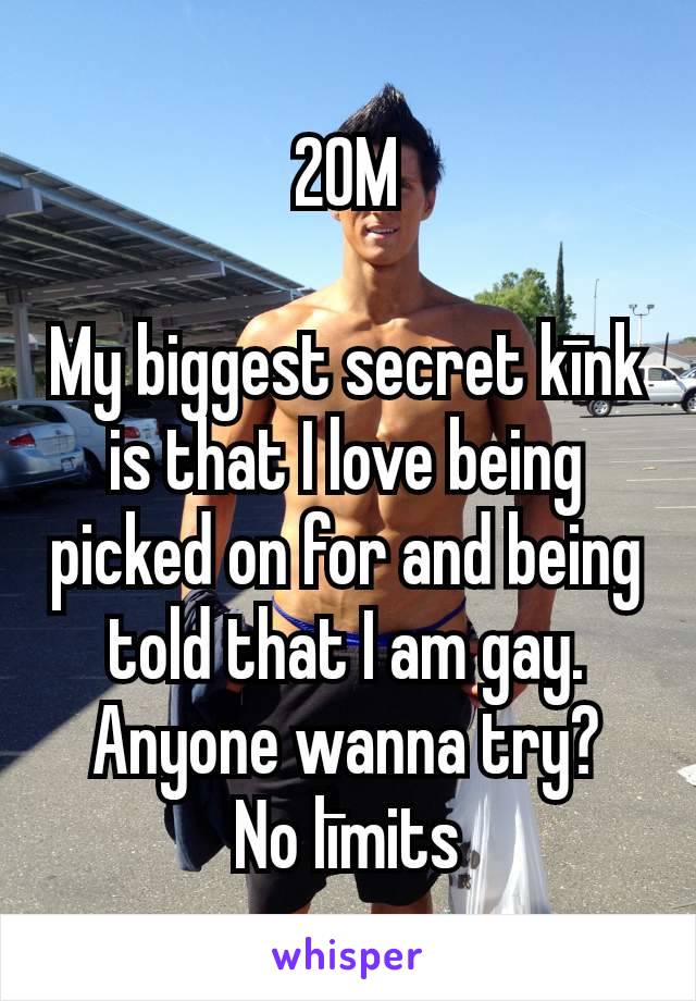 20M

My biggest secret kīnk is that I love being picked on for and being told that I am gay. Anyone wanna try?
No līmits