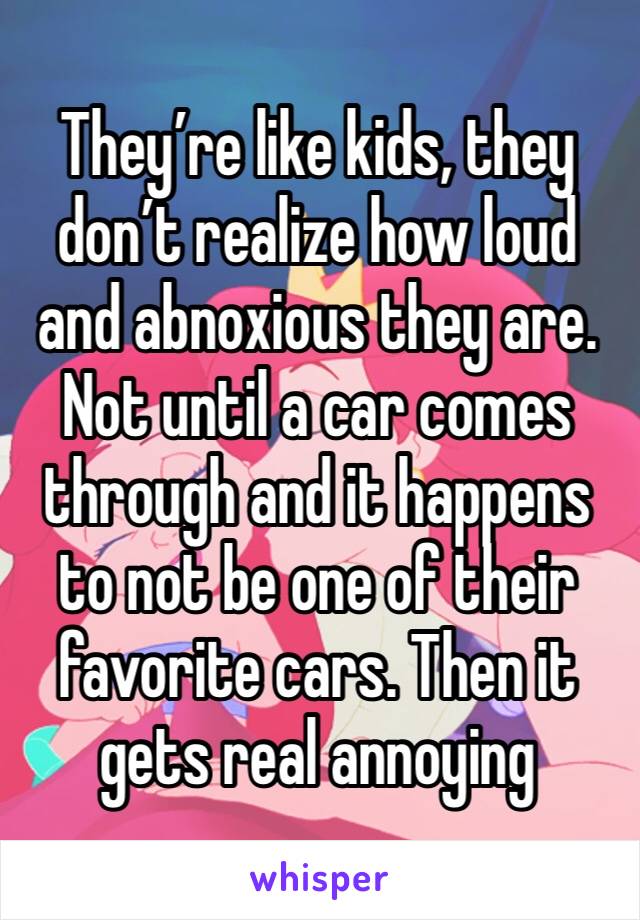 They’re like kids, they don’t realize how loud and abnoxious they are. Not until a car comes through and it happens to not be one of their favorite cars. Then it gets real annoying 