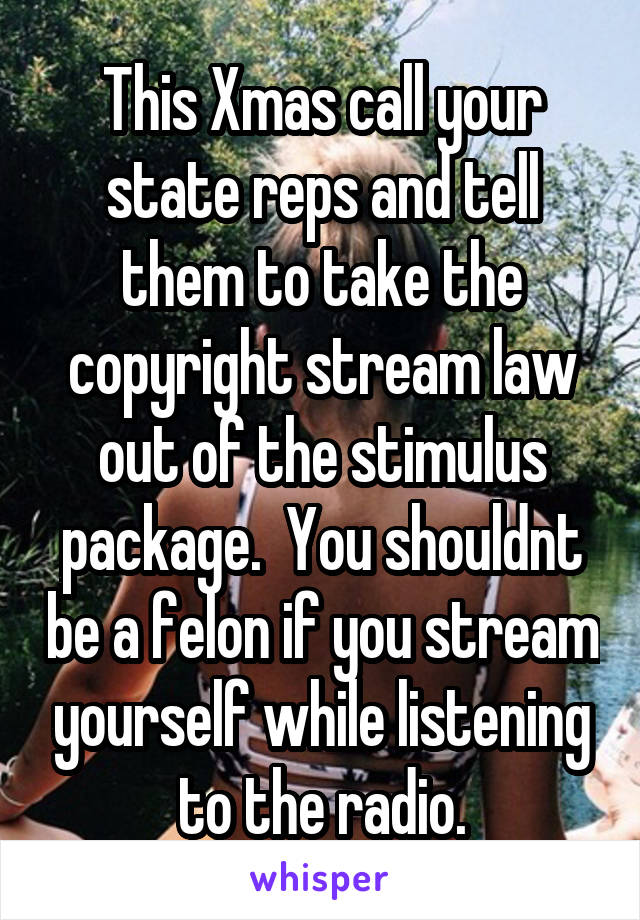 This Xmas call your state reps and tell them to take the copyright stream law out of the stimulus package.  You shouldnt be a felon if you stream yourself while listening to the radio.