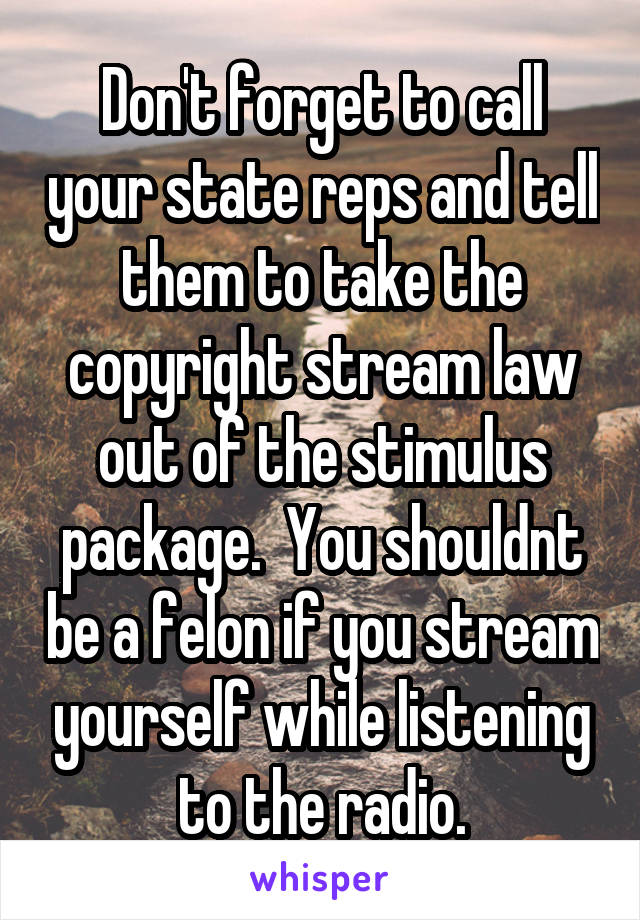 Don't forget to call your state reps and tell them to take the copyright stream law out of the stimulus package.  You shouldnt be a felon if you stream yourself while listening to the radio.