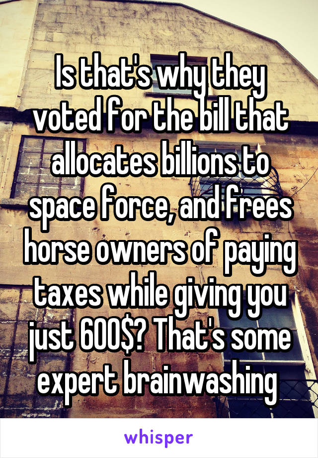 Is that's why they voted for the bill that allocates billions to space force, and frees horse owners of paying taxes while giving you just 600$? That's some expert brainwashing 