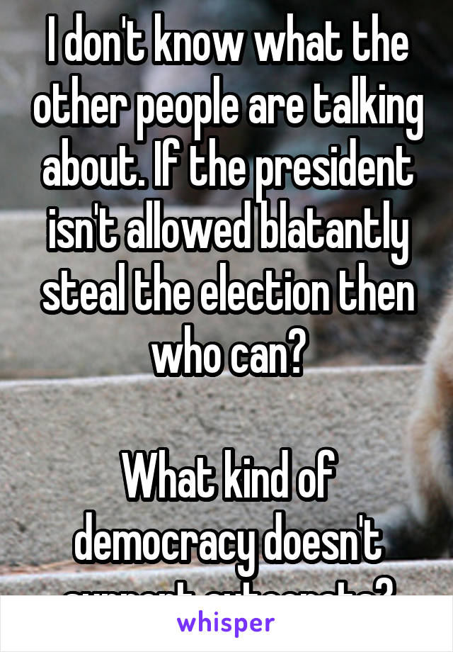 I don't know what the other people are talking about. If the president isn't allowed blatantly steal the election then who can?

What kind of democracy doesn't support autocrats?