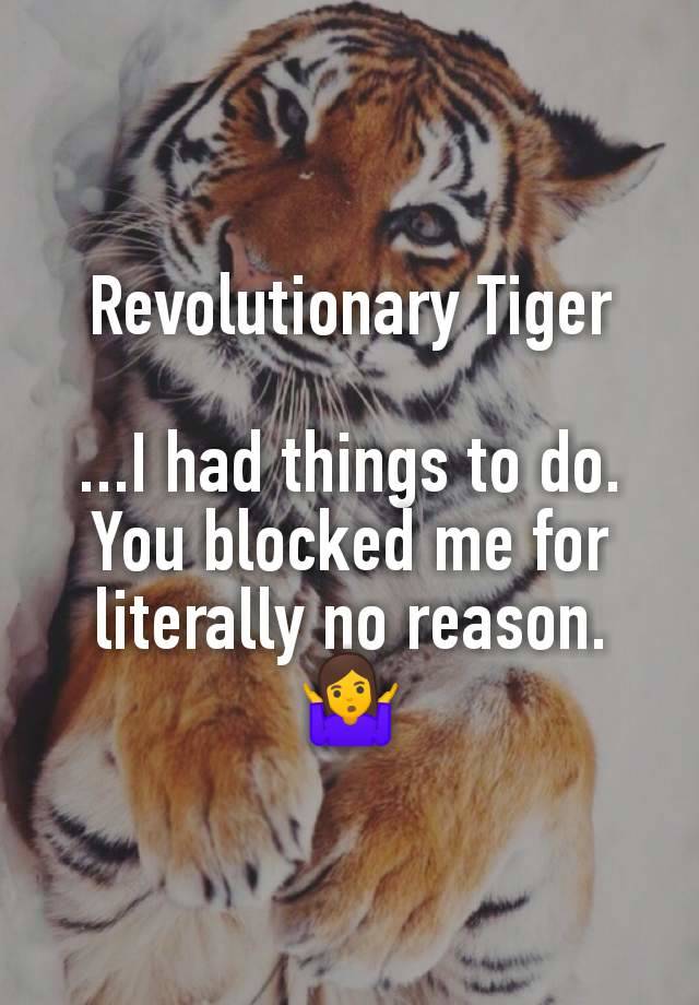 Revolutionary Tiger

...I had things to do. You blocked me for literally no reason.
🤷