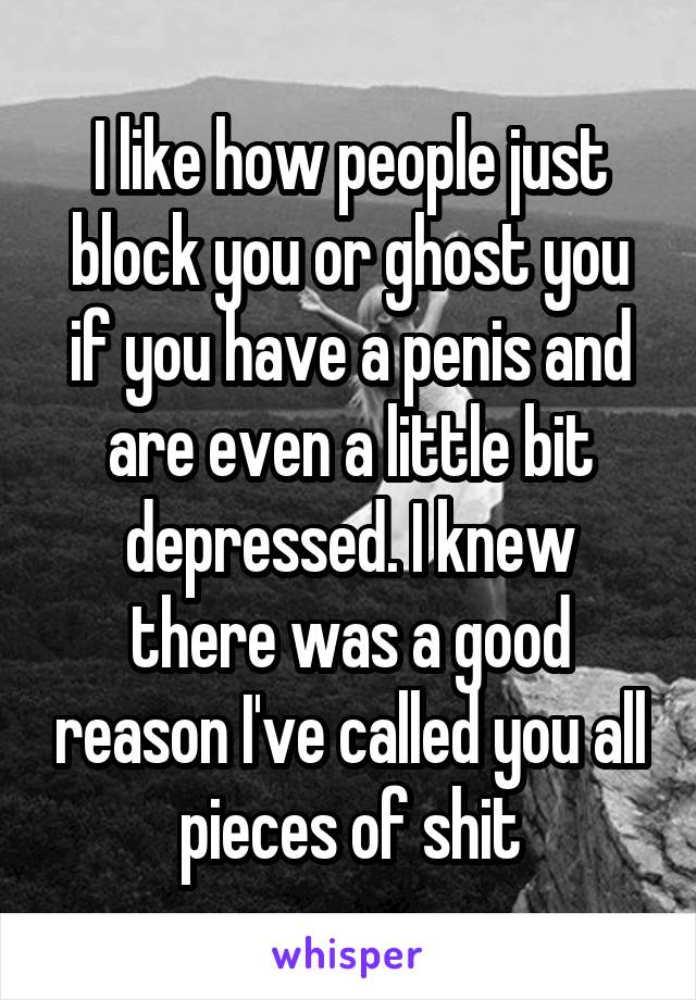 I like how people just block you or ghost you if you have a penis and are even a little bit depressed. I knew there was a good reason I've called you all pieces of shit