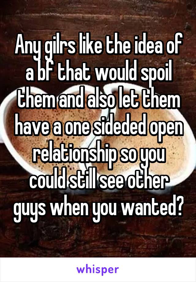 Any gilrs like the idea of a bf that would spoil them and also let them have a one sideded open relationship so you could still see other guys when you wanted? 