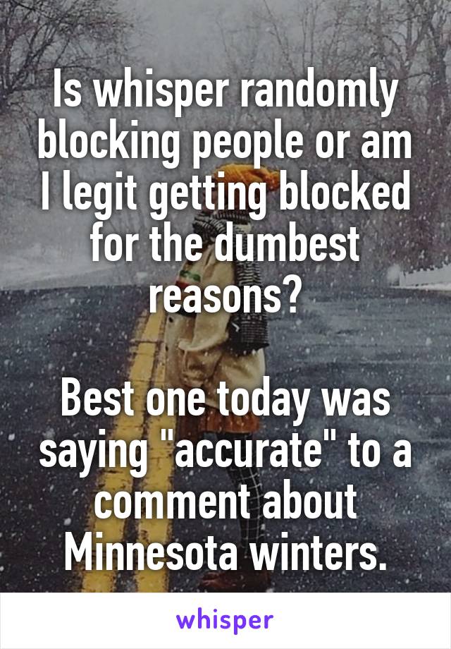 Is whisper randomly blocking people or am I legit getting blocked for the dumbest reasons?

Best one today was saying "accurate" to a comment about Minnesota winters.