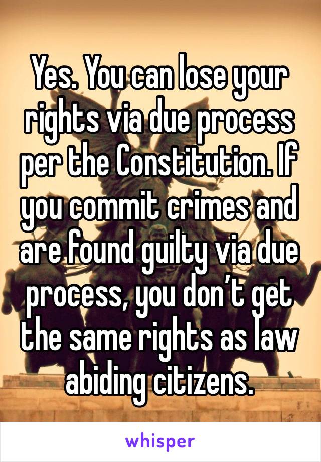 Yes. You can lose your rights via due process per the Constitution. If you commit crimes and are found guilty via due process, you don’t get the same rights as law abiding citizens.