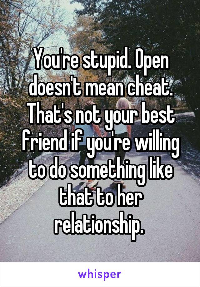 You're stupid. Open doesn't mean cheat. That's not your best friend if you're willing to do something like that to her relationship. 