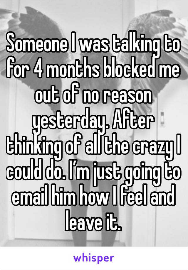 Someone I was talking to for 4 months blocked me out of no reason yesterday. After thinking of all the crazy I could do. I’m just going to email him how I feel and leave it. 