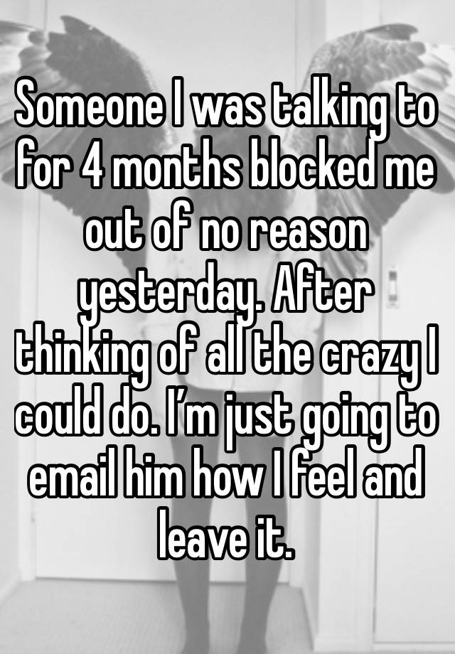 Someone I was talking to for 4 months blocked me out of no reason yesterday. After thinking of all the crazy I could do. I’m just going to email him how I feel and leave it. 