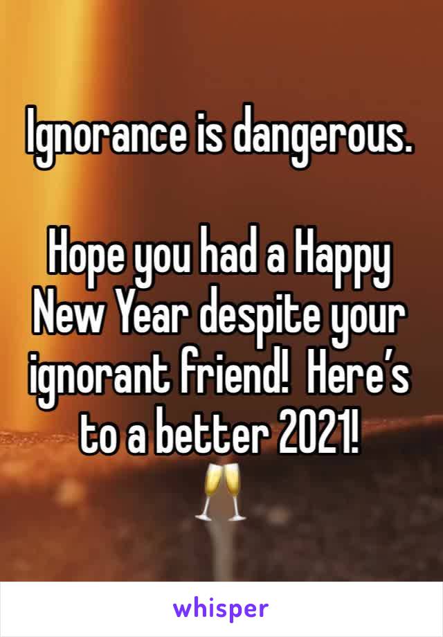 Ignorance is dangerous.

Hope you had a Happy New Year despite your ignorant friend!  Here’s to a better 2021!  
🥂 