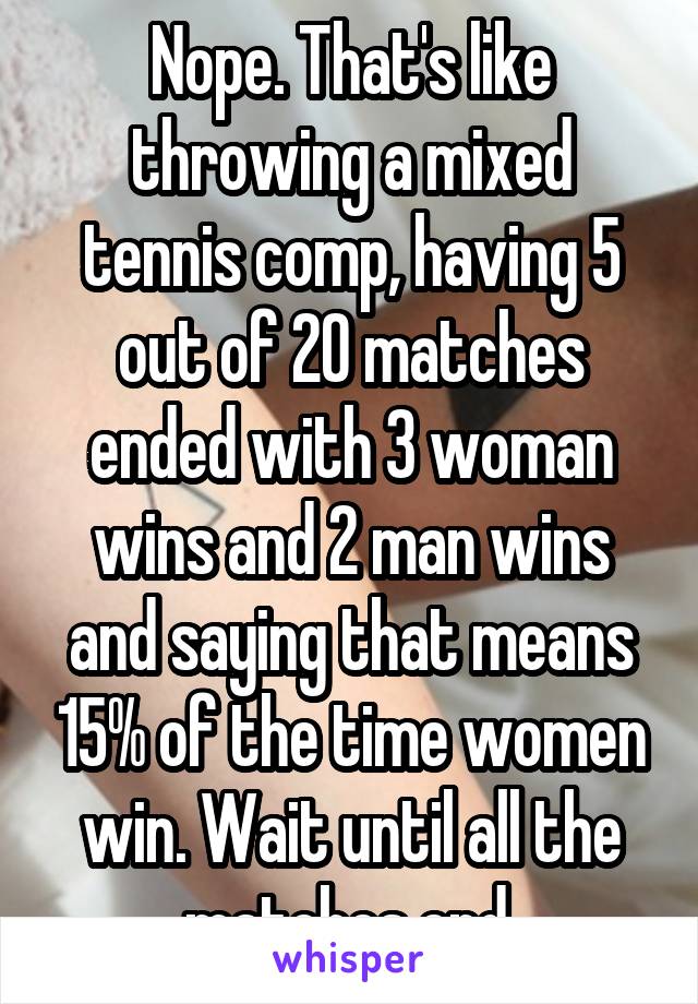 Nope. That's like throwing a mixed tennis comp, having 5 out of 20 matches ended with 3 woman wins and 2 man wins and saying that means 15% of the time women win. Wait until all the matches end.