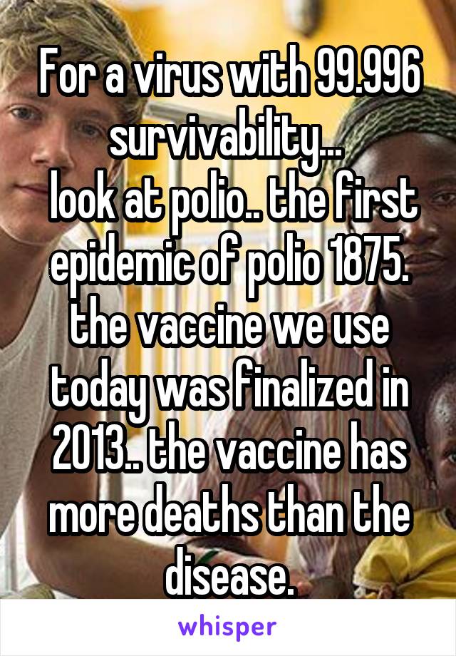 For a virus with 99.996 survivability... 
 look at polio.. the first epidemic of polio 1875. the vaccine we use today was finalized in 2013.. the vaccine has more deaths than the disease.