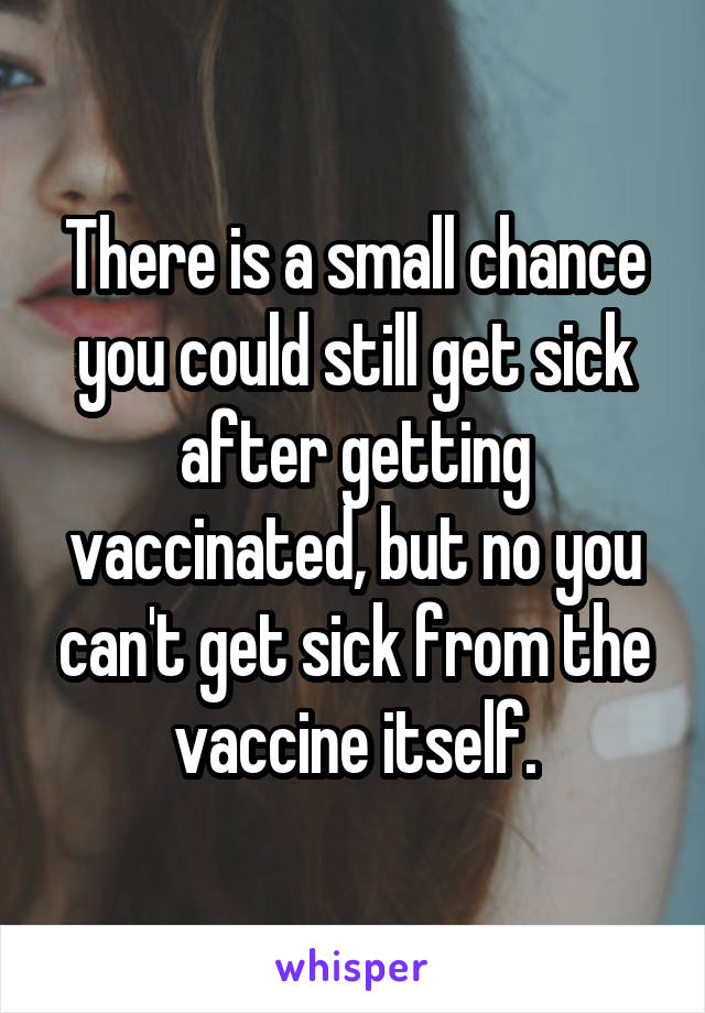 There is a small chance you could still get sick after getting vaccinated, but no you can't get sick from the vaccine itself.