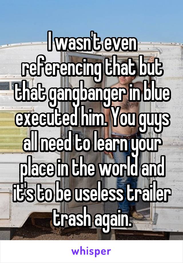 I wasn't even referencing that but that gangbanger in blue executed him. You guys all need to learn your place in the world and it's to be useless trailer trash again.