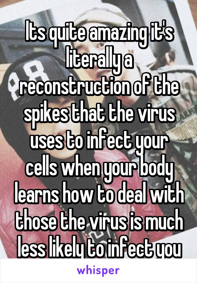 Its quite amazing it's literally a reconstruction of the spikes that the virus uses to infect your cells when your body learns how to deal with those the virus is much less likely to infect you