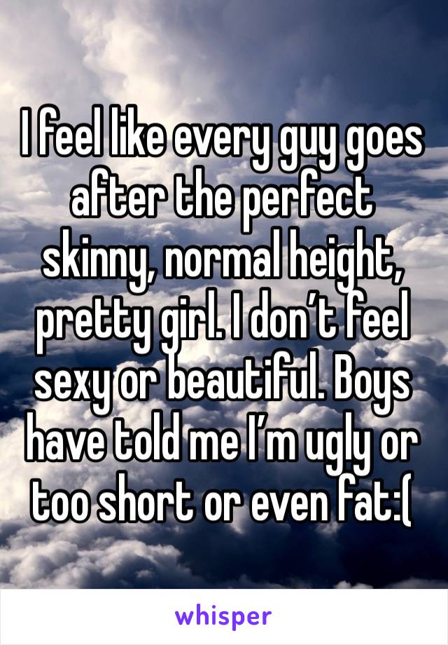 I feel like every guy goes after the perfect skinny, normal height, pretty girl. I don’t feel sexy or beautiful. Boys have told me I’m ugly or too short or even fat:(