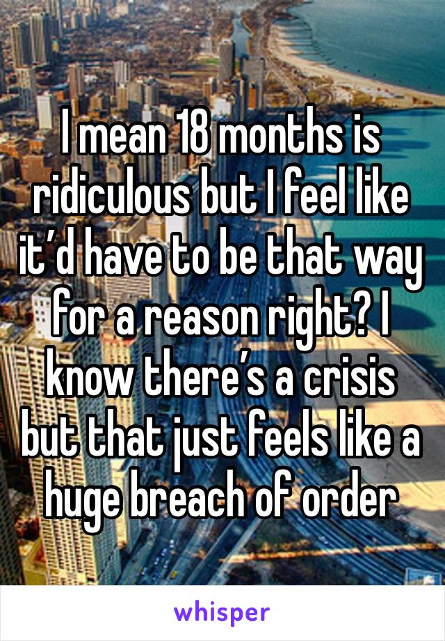 I mean 18 months is ridiculous but I feel like it’d have to be that way for a reason right? I know there’s a crisis  but that just feels like a huge breach of order 