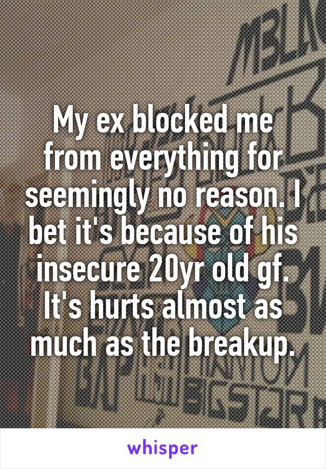 My ex blocked me from everything for seemingly no reason. I bet it's because of his insecure 20yr old gf. It's hurts almost as much as the breakup.