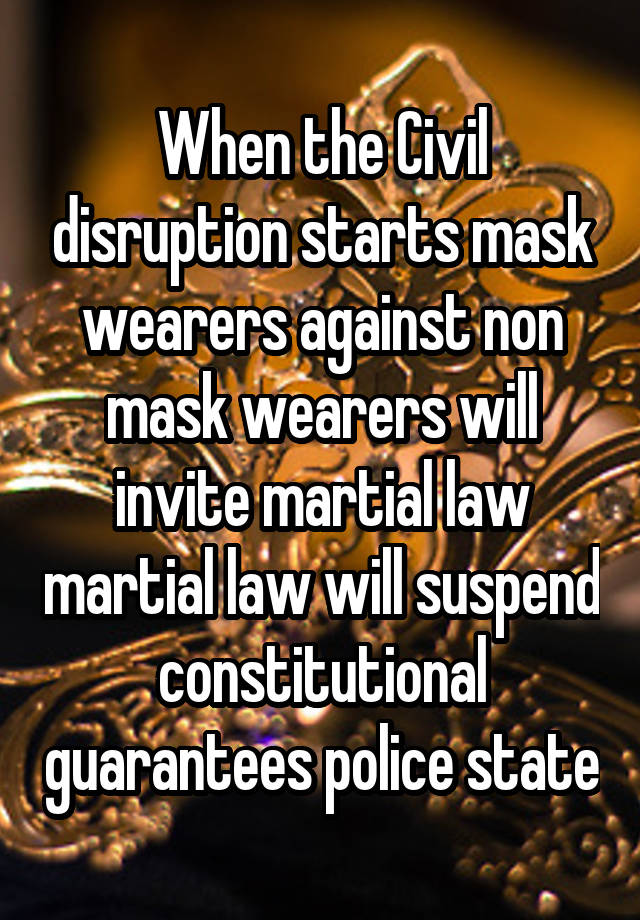 When the Civil disruption starts mask wearers against non mask wearers will invite martial law martial law will suspend constitutional guarantees police state