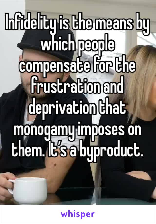 Infidelity is the means by which people compensate for the frustration and deprivation that monogamy imposes on them. It’s a byproduct. 