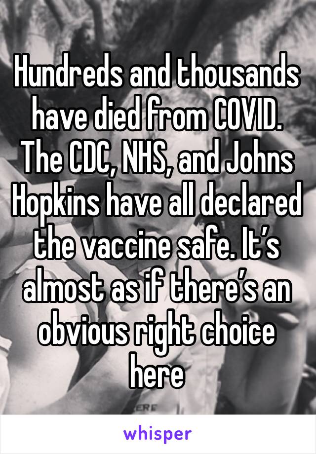 Hundreds and thousands have died from COVID. The CDC, NHS, and Johns Hopkins have all declared the vaccine safe. It’s almost as if there’s an obvious right choice here