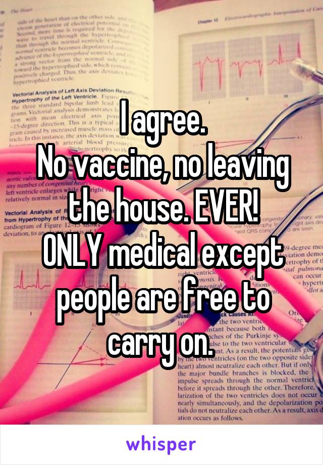 I agree.
No vaccine, no leaving the house. EVER!
ONLY medical except people are free to carry on. 