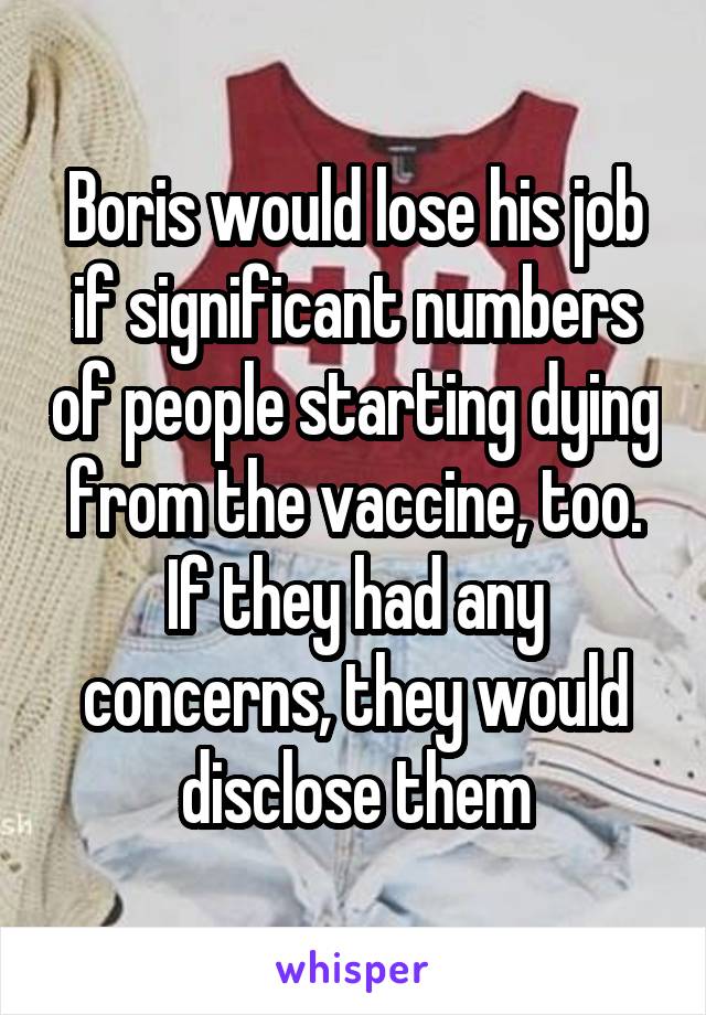 Boris would lose his job if significant numbers of people starting dying from the vaccine, too. If they had any concerns, they would disclose them