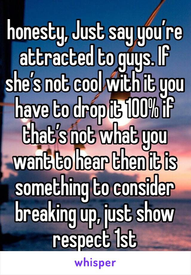 honesty, Just say you’re attracted to guys. If she’s not cool with it you have to drop it 100% if that’s not what you want to hear then it is something to consider breaking up, just show respect 1st