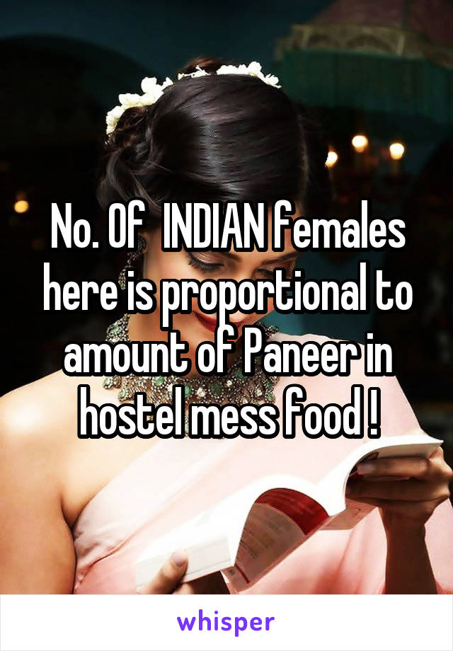 No. Of  INDIAN females here is proportional to amount of Paneer in hostel mess food !