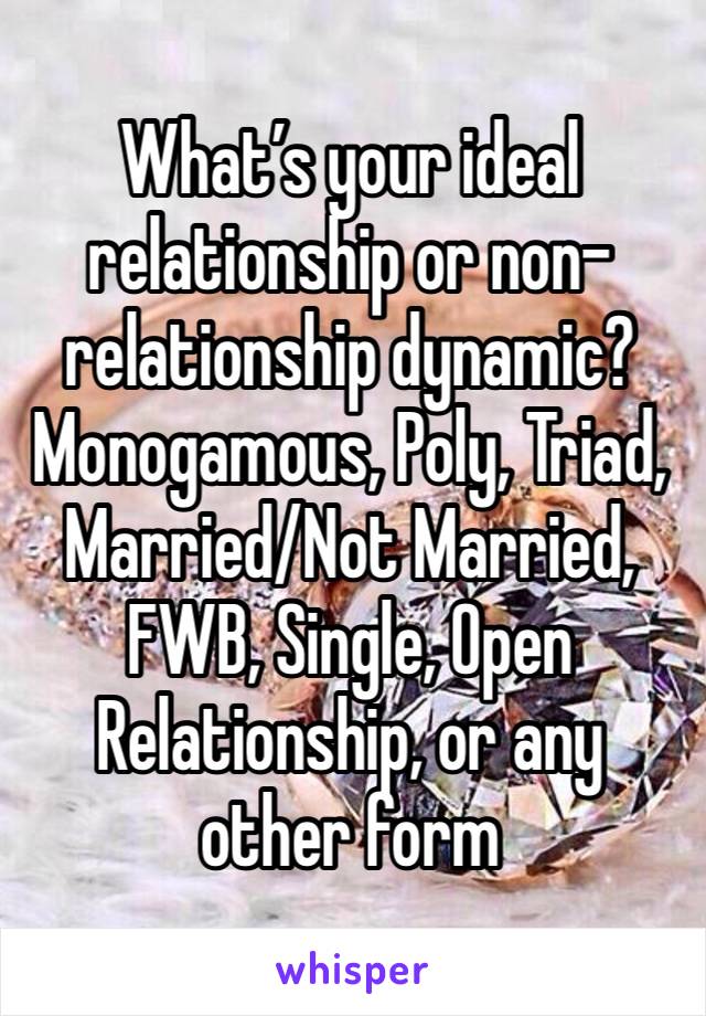 What’s your ideal relationship or non-relationship dynamic? Monogamous, Poly, Triad, Married/Not Married, FWB, Single, Open Relationship, or any other form 