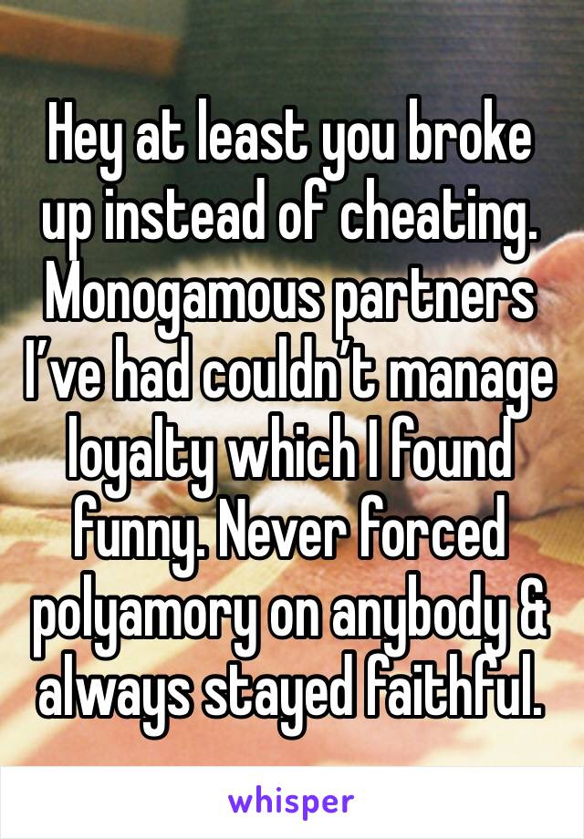 Hey at least you broke up instead of cheating. Monogamous partners I’ve had couldn’t manage loyalty which I found funny. Never forced polyamory on anybody & always stayed faithful. 