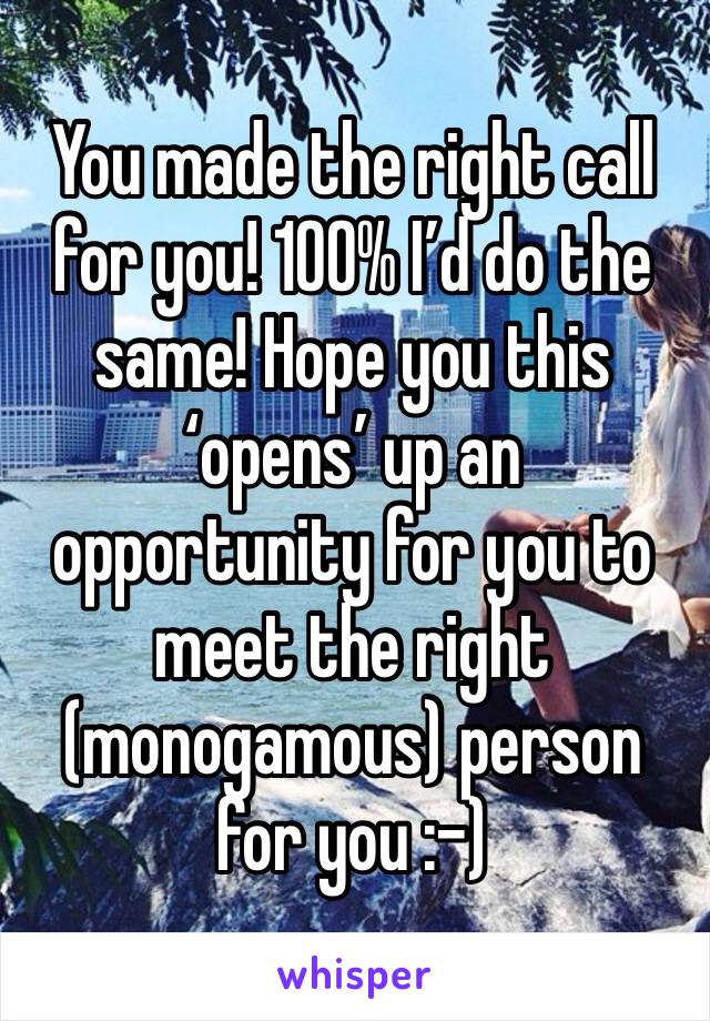 You made the right call for you! 100% I’d do the same! Hope you this ‘opens’ up an opportunity for you to meet the right (monogamous) person for you :-)