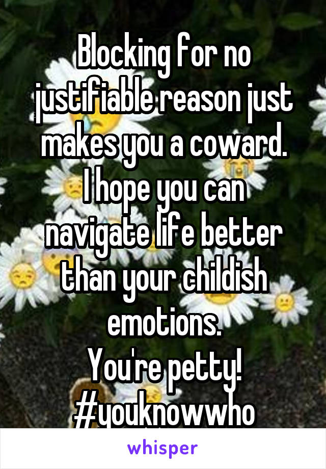 Blocking for no justifiable reason just makes you a coward.
I hope you can navigate life better than your childish emotions.
You're petty!
#youknowwho