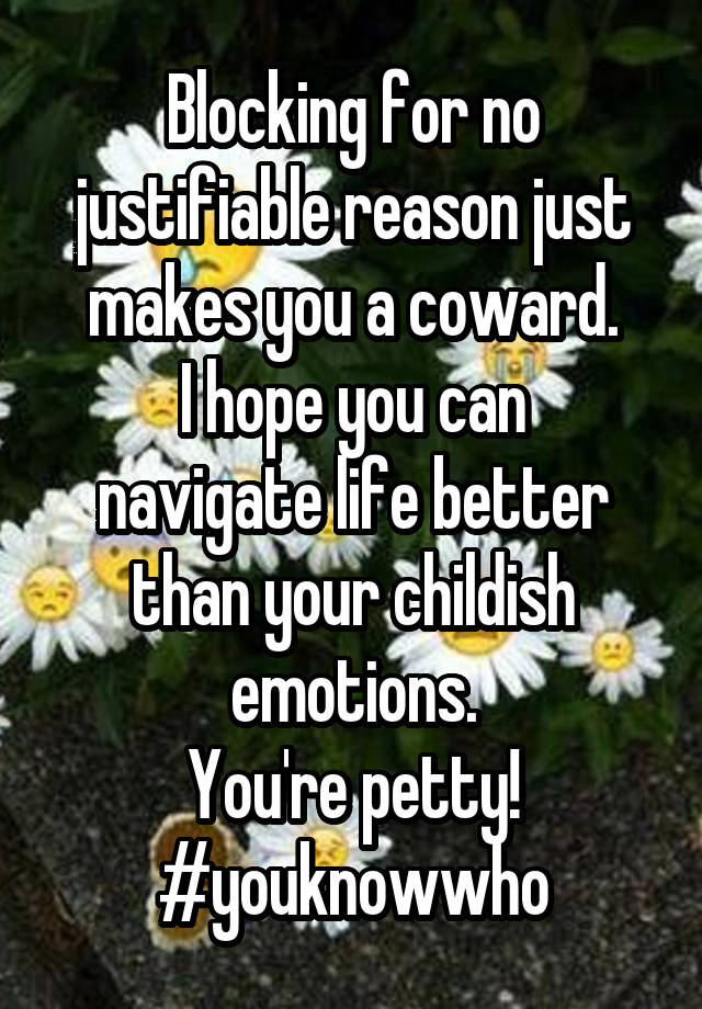 Blocking for no justifiable reason just makes you a coward.
I hope you can navigate life better than your childish emotions.
You're petty!
#youknowwho