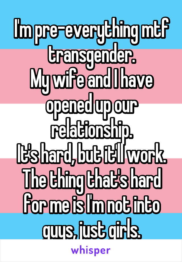 I'm pre-everything mtf transgender.
My wife and I have opened up our relationship.
It's hard, but it'll work.
The thing that's hard for me is I'm not into guys, just girls.